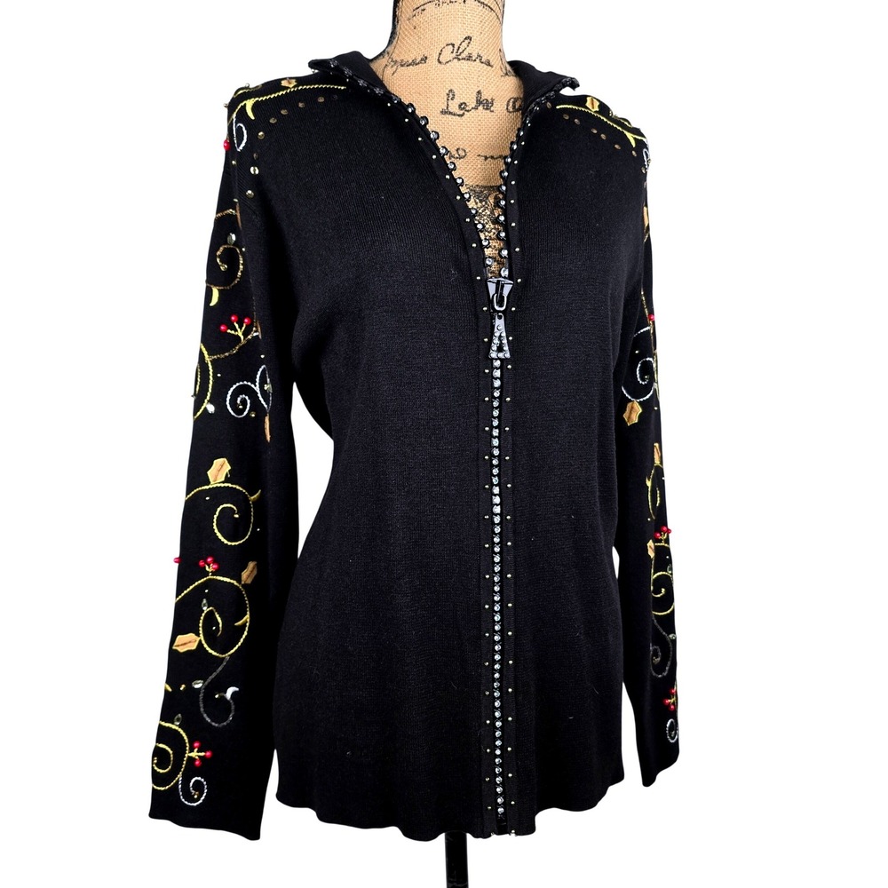 Quacker Factory Black Gold Embroidered Rhinestone Zip Cardigan Sweater M. NEW